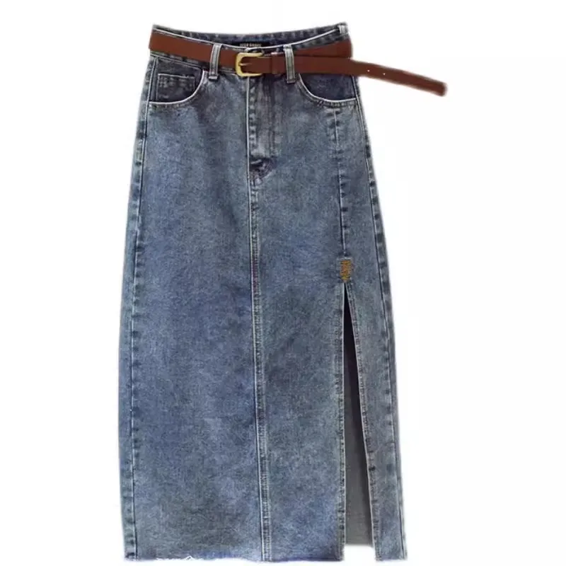 High waisted Denim Skirt Women Casual wear Spring/summer 2024 New Slim Split Buttocks wrapped A-line Skirts Female