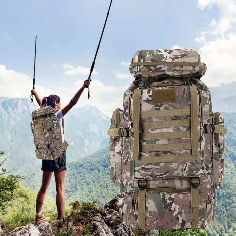 80Lバッグ大容量迷彩登山バックパック防水登山リュックサック布製スポーツナップザック