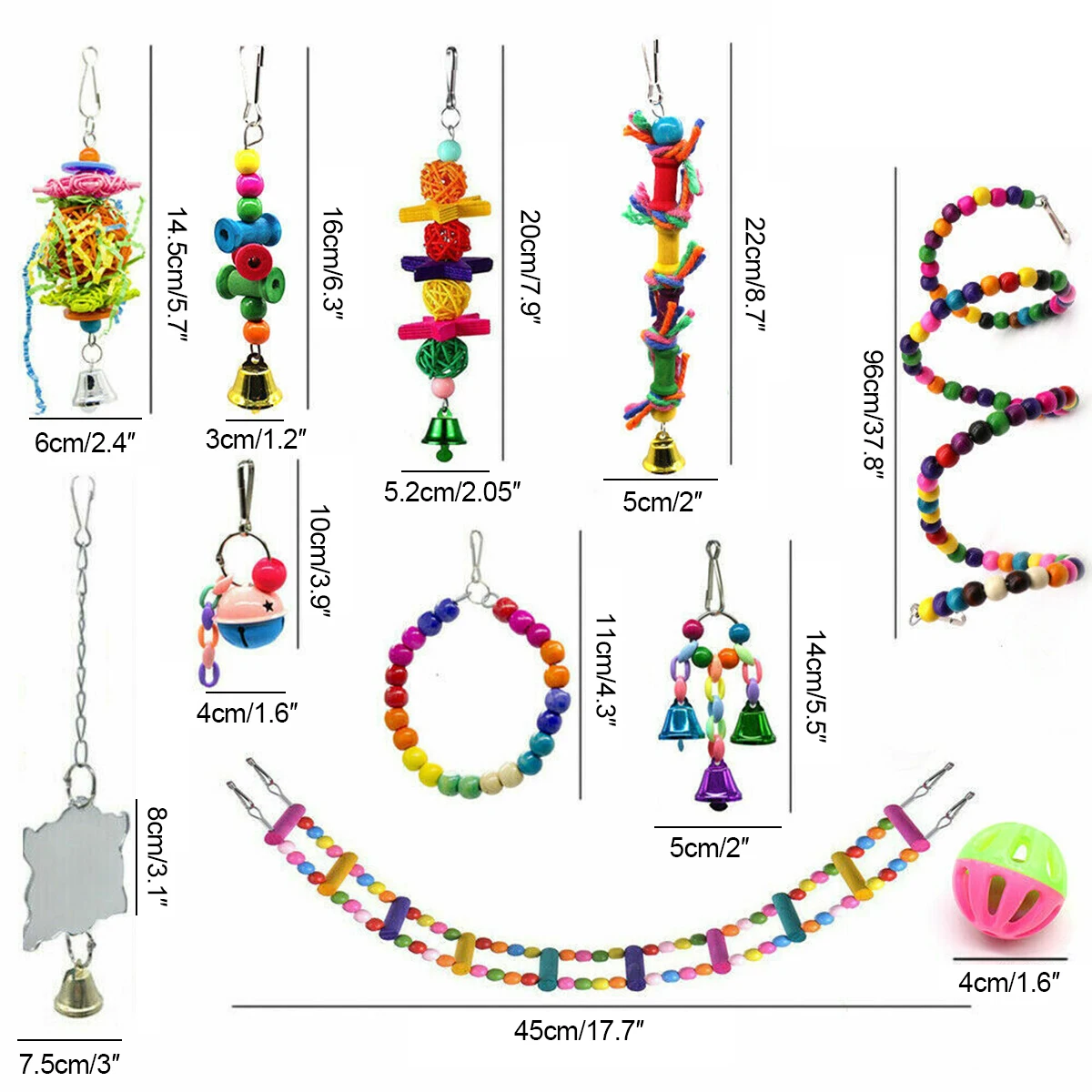 15 Piece Bird Supplies Parrot Toy Set Climbing Ladder Wooden Beads Spinning Bells String Chew Toys