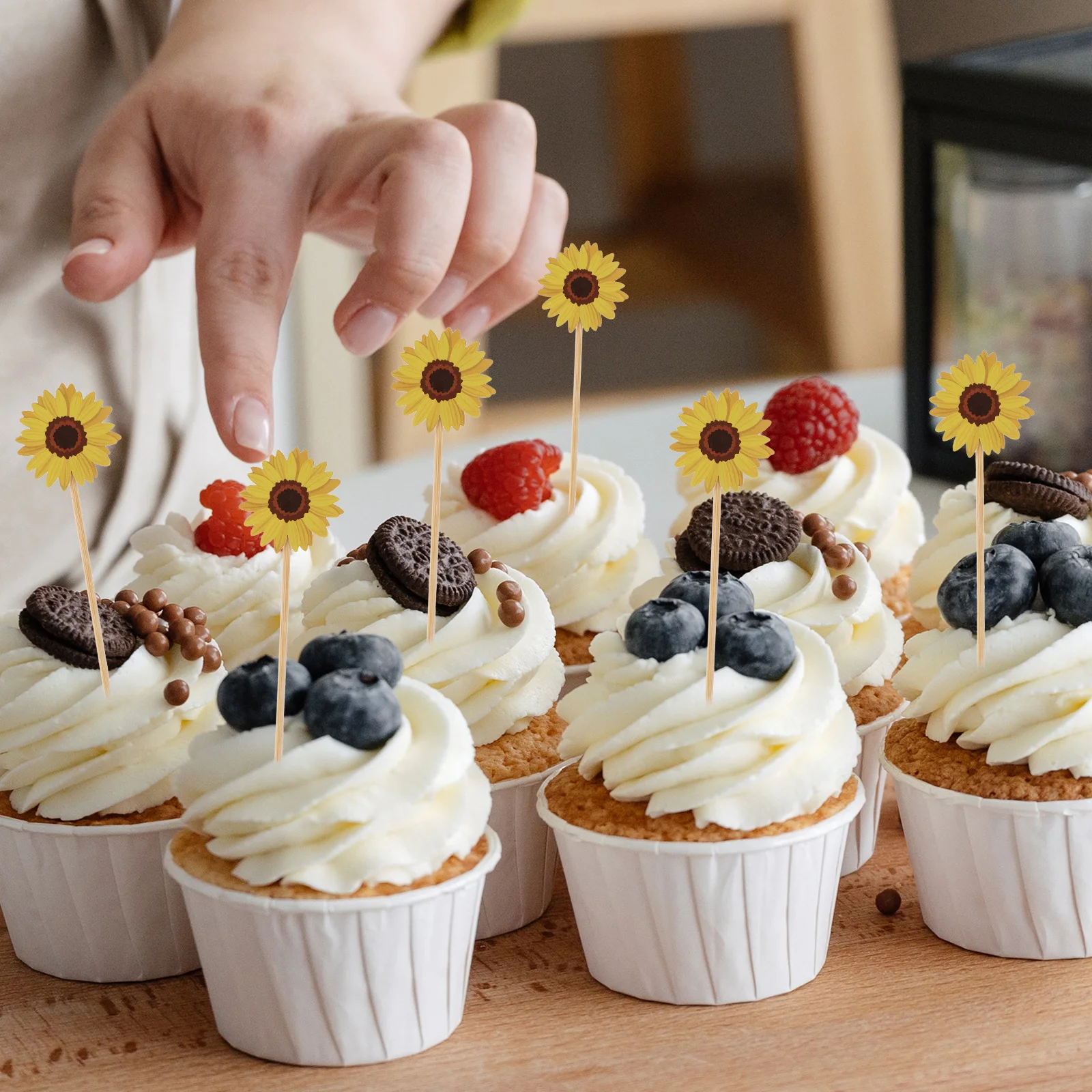 

100pcs Sunflower Topper Floral Cupcake Inserts For Birthday Cake Decorations, Wedding Party Bakery Centerpieces, Artificial