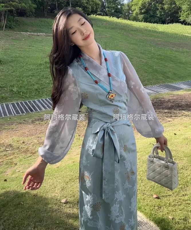 

Chinese Xizang Women's Bola Dress with Yarn Sleeves National Style Dress Tibetan Dress