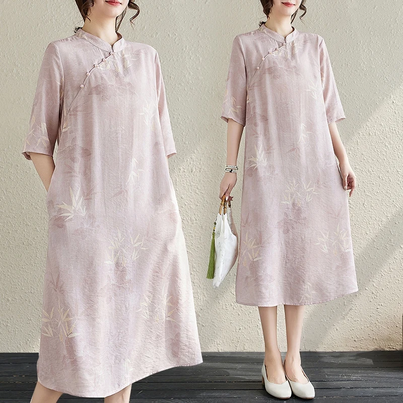 

Новое китайское платье с бамбуковым принтом свободного покроя, длинное платье Ципао с боковыми разрезами и f Sves в светло-розовой тонкой хлопковой смеси