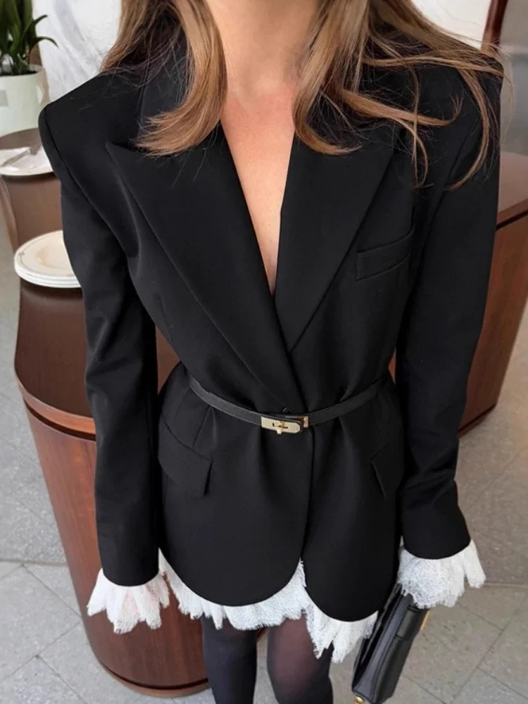 Fashion One Button Lace Belt Blazer Women Black Loose V-neck Full Sleeve Shoulder Pads Jacket 2025 Autumn Lady All-match Outwear