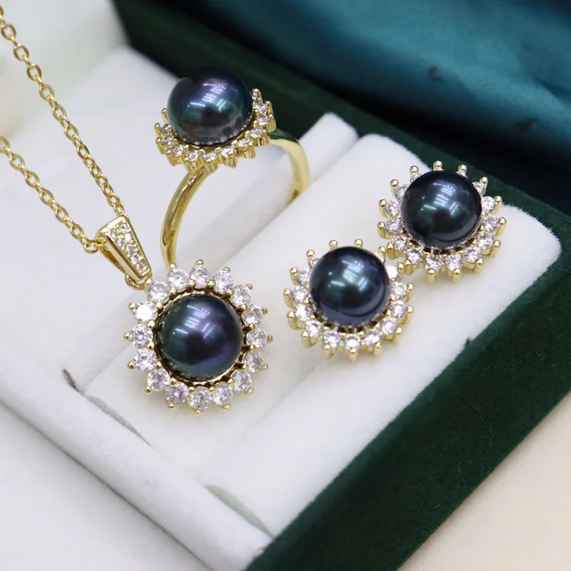 one set freshwater pearl white 8-9mm pendant /earrings/Ring gray/pink/black/yellow/purple