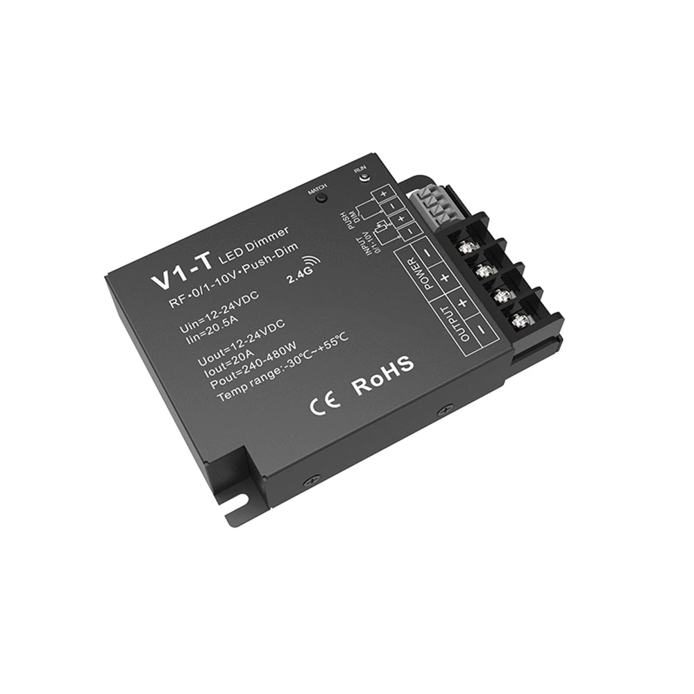 DC12-24V V1-T 20A*1CH CV RF /1-10V/Push-Dim 3in1 Dimming Controller Auto-transmitting/Synchronize For Single color light strip