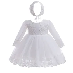 Baby Girl Dress White Embroidery Christening Ball Gown Girls Birthday Party Dresses Long Sleeve Yarn tutu vestido infantil 3-24M