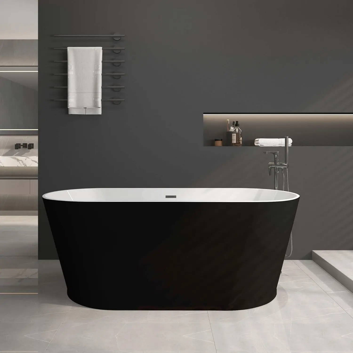 Bathtub for Bathroom: Black and White Soaking Tubs - Oval Shape Chrome Overflow and Drain for Home Women Men