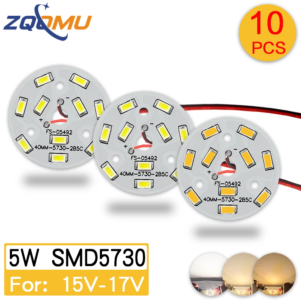 10 sztuk wysokiej jasne diody LED tablica świetlna 5W 15-17V ciepła biała średnica 40MM SMD 5730 chipy dla DIY żarówka okrągłe źródło światła