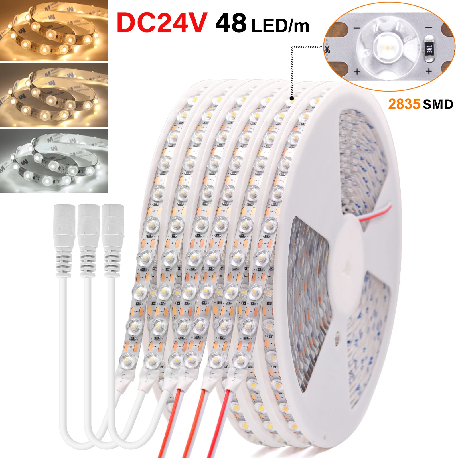 LED Strip Light 24V 2835 SMD Flexible Backlight Tape with Lens High Brightness White/Warm White/Natural White/Blue/Ice Blue