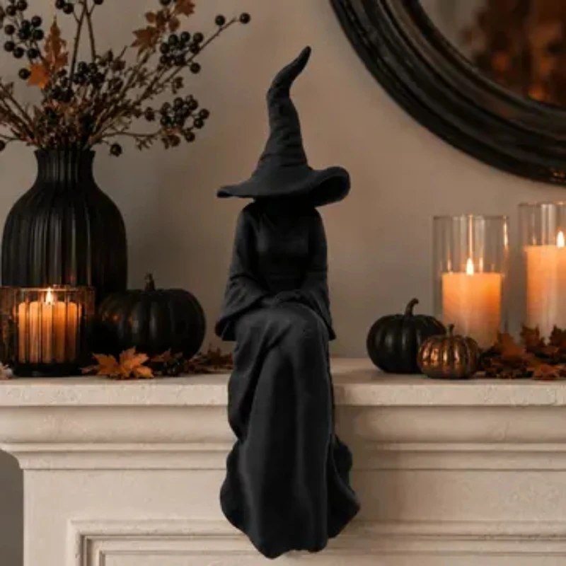 Halloween Gesichtslose Hexenfigur, Schwarze Sitzende Hexe, Wanddekoration, Halloween-Dekoration im Gothic-Stil für Wohnzimmer, Bücherregal