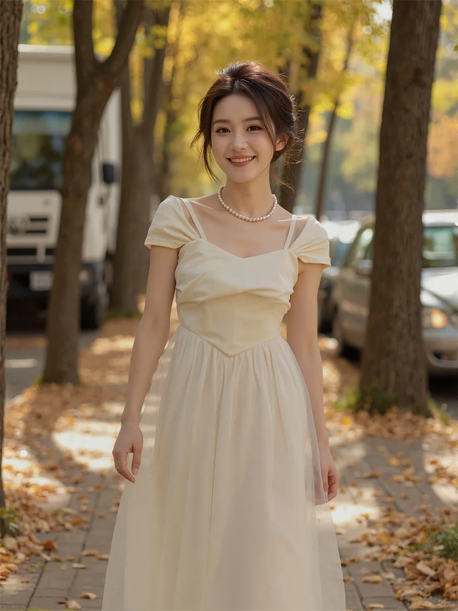 Abiti Midi Stile Francese Puro a Maniche Corte, Abbigliamento Femminile Primaverile con Strass, Abito da Cocktail Sciolto e Chic