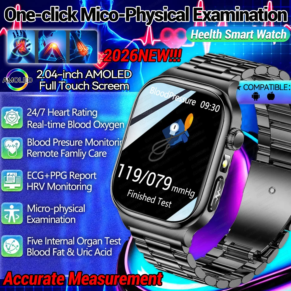 

2026 Health Blood Pressure ECG+PPG Monitor SmartWatch Men Uric Acid Blood Fat Five Organ BT Call Health Tracker Smartwatches IOS