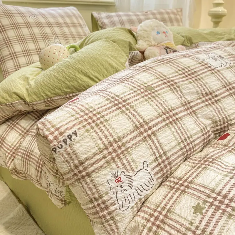A-Class Puff Double-Layer Yarn 4-Piece Bedding Set - Breathable All-Season Dorm/Washable Cotton Soft & Comfortable