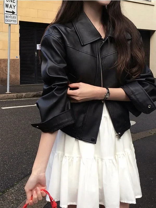 Korean Style Simple Versatile Short Zipper PU Leather Jacket Hong Kong Style Retro Chic Women's Outerwear Autumn Fashion