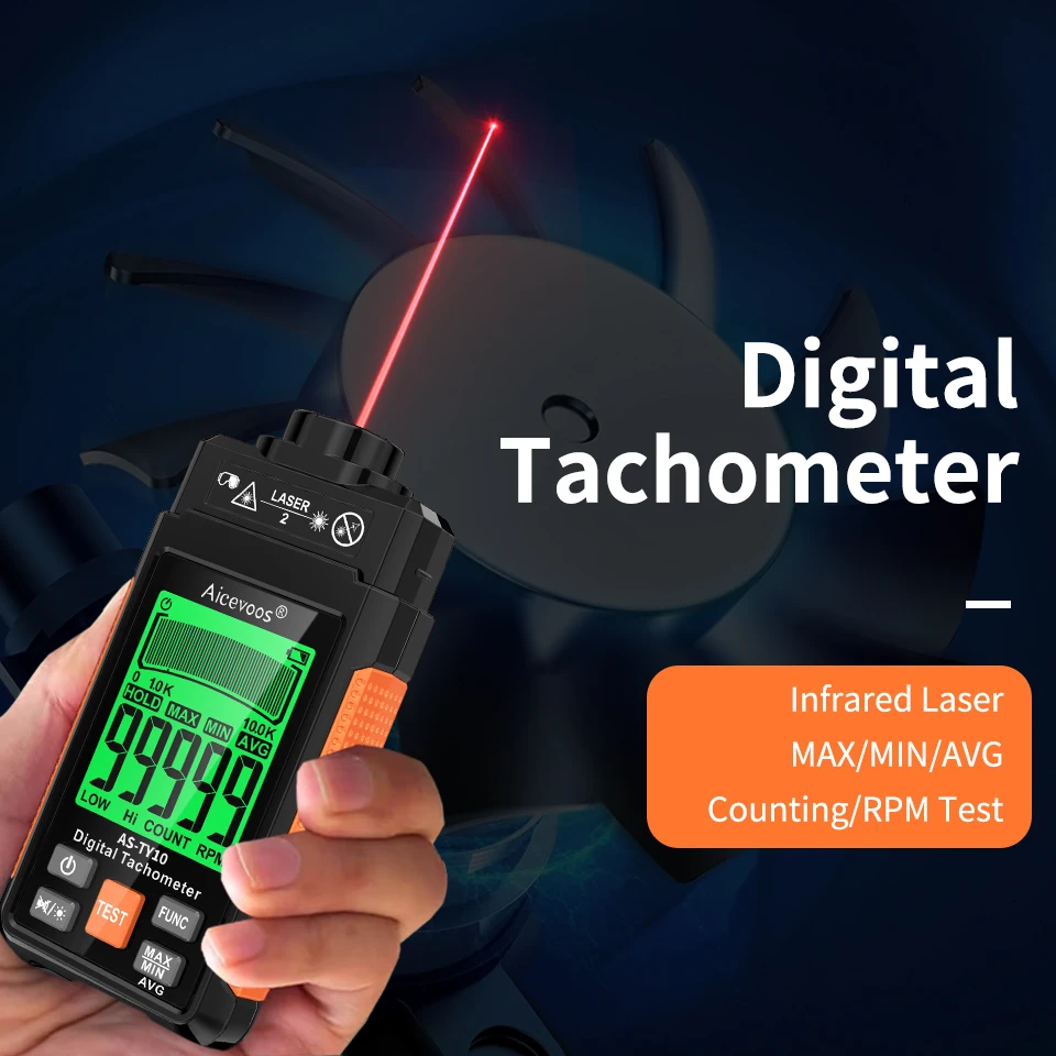 Aicevoos Professional Handheld Digital Non-Contact Laser Tachometer, Digital Display, 10-99999 RPM Range, 0.01% Accuracy