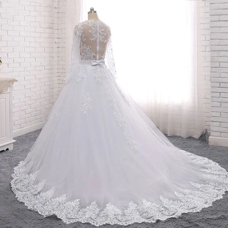 Luxury Long Sleeve Embroidered Beading Brides Wedding Dresses Sexy See Through Ball Gown Trailing Dress Women Formal Occasions