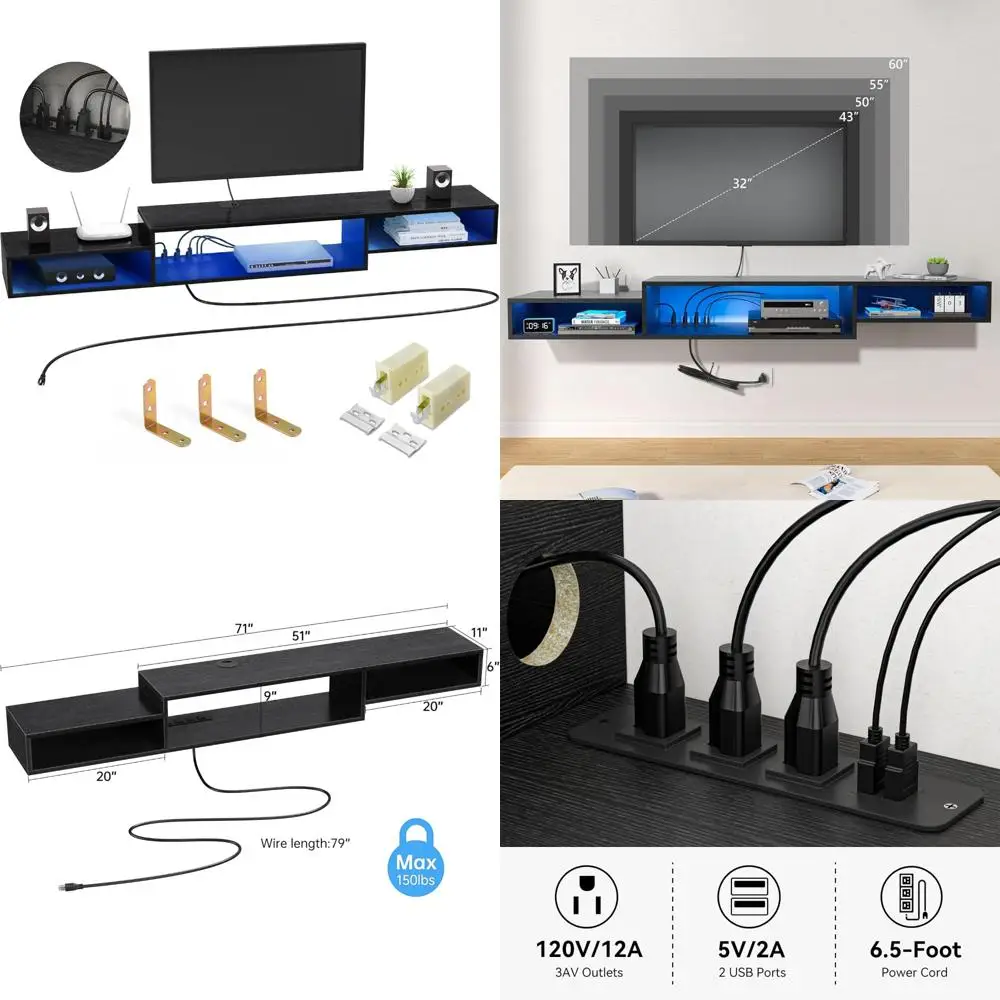 

71-дюймовая плавающая подставка для телевизора со светодиодной подсветкой и розеткой, настенная полка для хранения и организации медиаконсоли