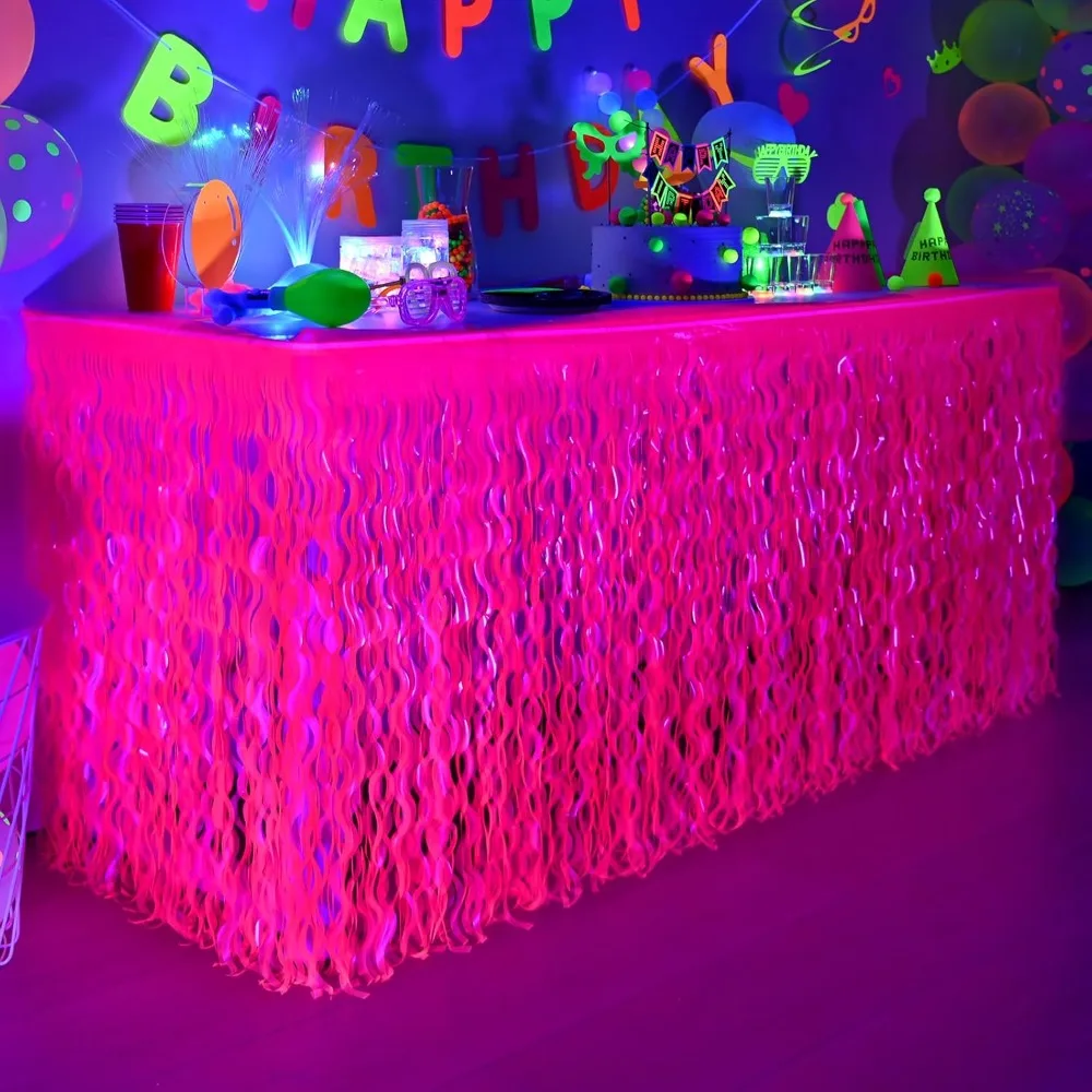 

Glow in The Dark Party Supplies, 2 Pack Neon Party Decorations Fluorescent Macaron Fuchsia Wavy Metallic Tinsel Foil