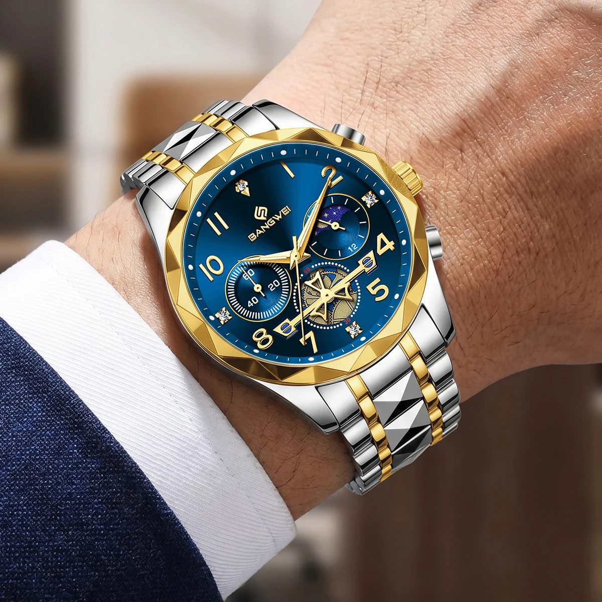 

Bangwei Luxury Man Wristwatch Chronograph Waterproof Luminous Men Watch Stainless Steel High Quality Sport Men's Quartz Watches