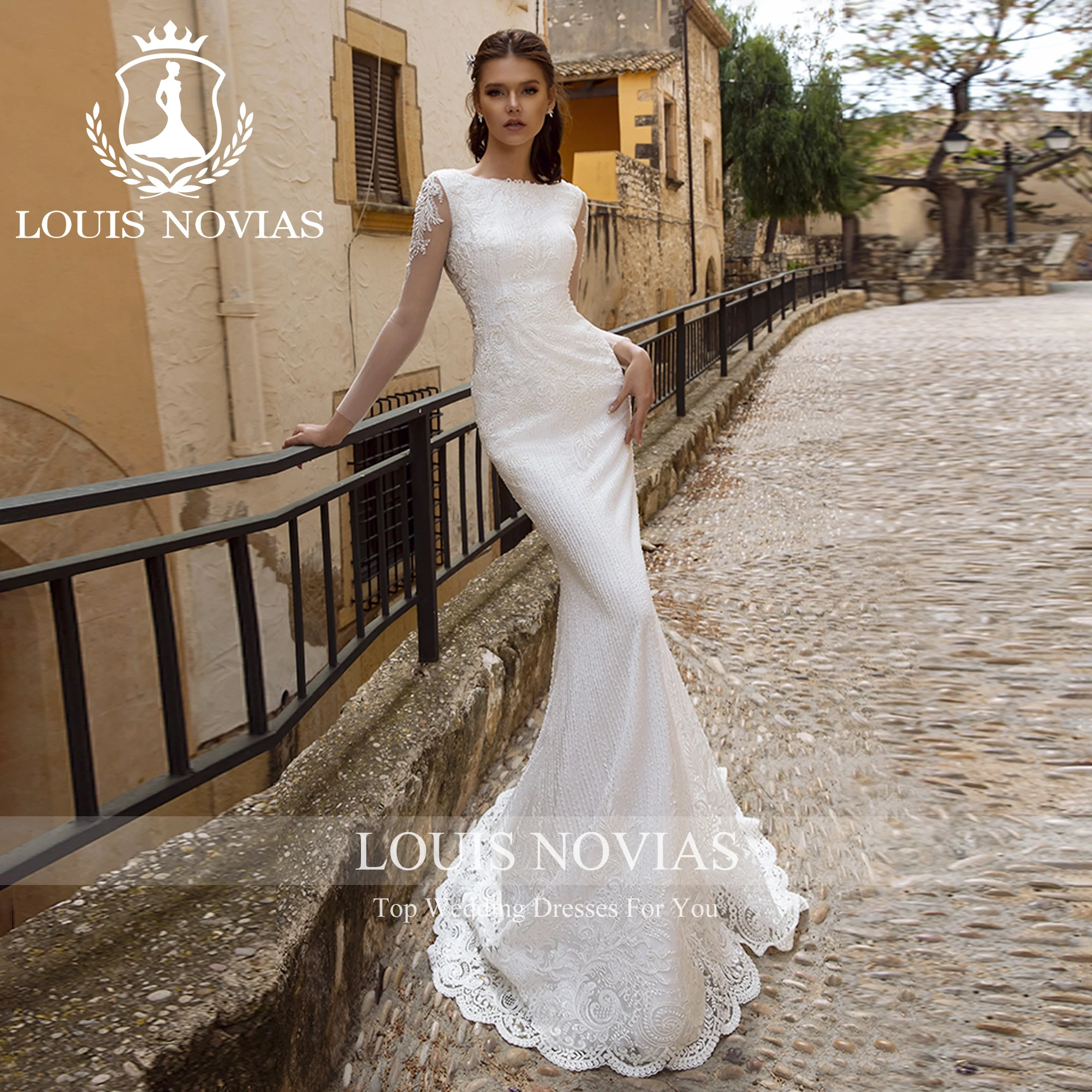 LOUIS NOVIAS Long Sleeve Mermaid Wedding Dress 2023 2 IN 1 Embroidery Backless Detachable Train Wedding Gown Vestidos De Novia