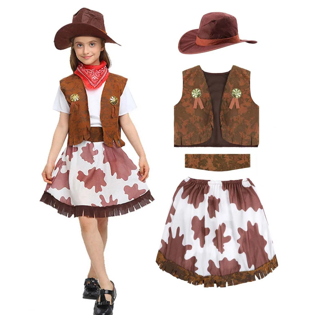 Kid Girls Cowboy Costume Dresses Children Western Cowgirl Costumes Carnival Purim Cosplay Halloween Event  Party Dress Up