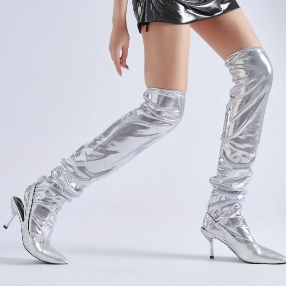 Overknee-Socken im Metallic-Look, elastische, schlankmachende Punk-Strümpfe, silber-schwarz, reflektierend, im Lackleder-Stil, Unisex