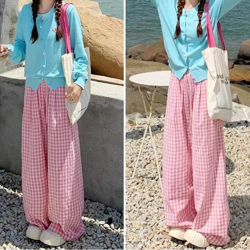 2025 neue Weibliche Koreanische Breite Bein Hosen Mädchen Chic Patchwork Plaid Hohe Taille Hosen Dame Mode Lässig Täglichen Hosen