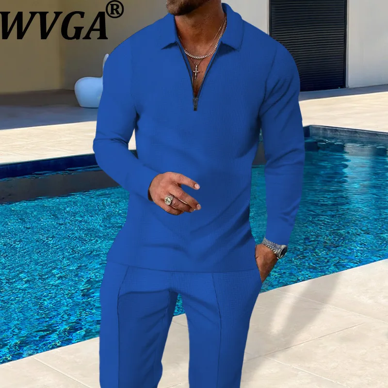 

WVGA весна осень новые мужские уличные молнии с отложным воротником модный топ нишевый шикарный повседневный прямой брюки комплект из двух предметов W15575