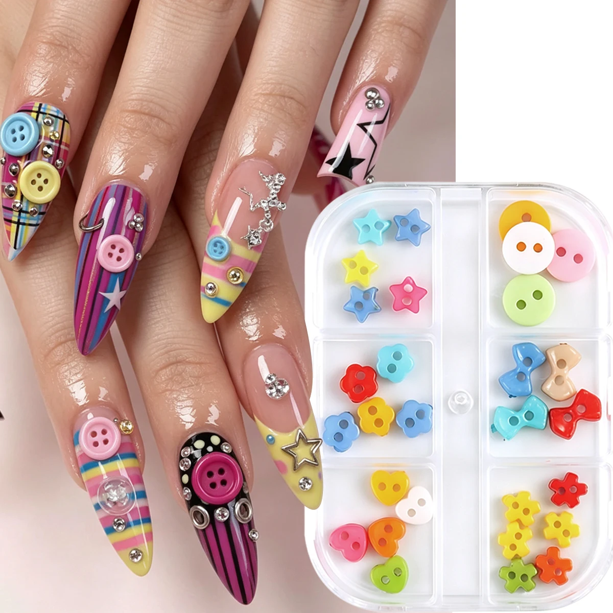 Niedliche Mini-Knopf-Nagelcharms in verschiedenen Farben, Stern-, Blumen-, Schleifen- und runde Harz-Nageldekorationen, 3D Kawaii kleine Knöpfe Nagelkunst-Ornamente – Detail 2