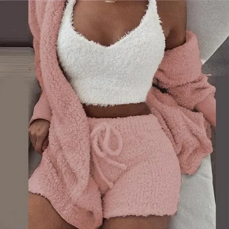 

Hoodie Winter Leisure Pieces And Tank Shorts Pijamas Homsuit Size For Set Top Plus Fluffy Casual Pajamas 3 Women Sleepwear