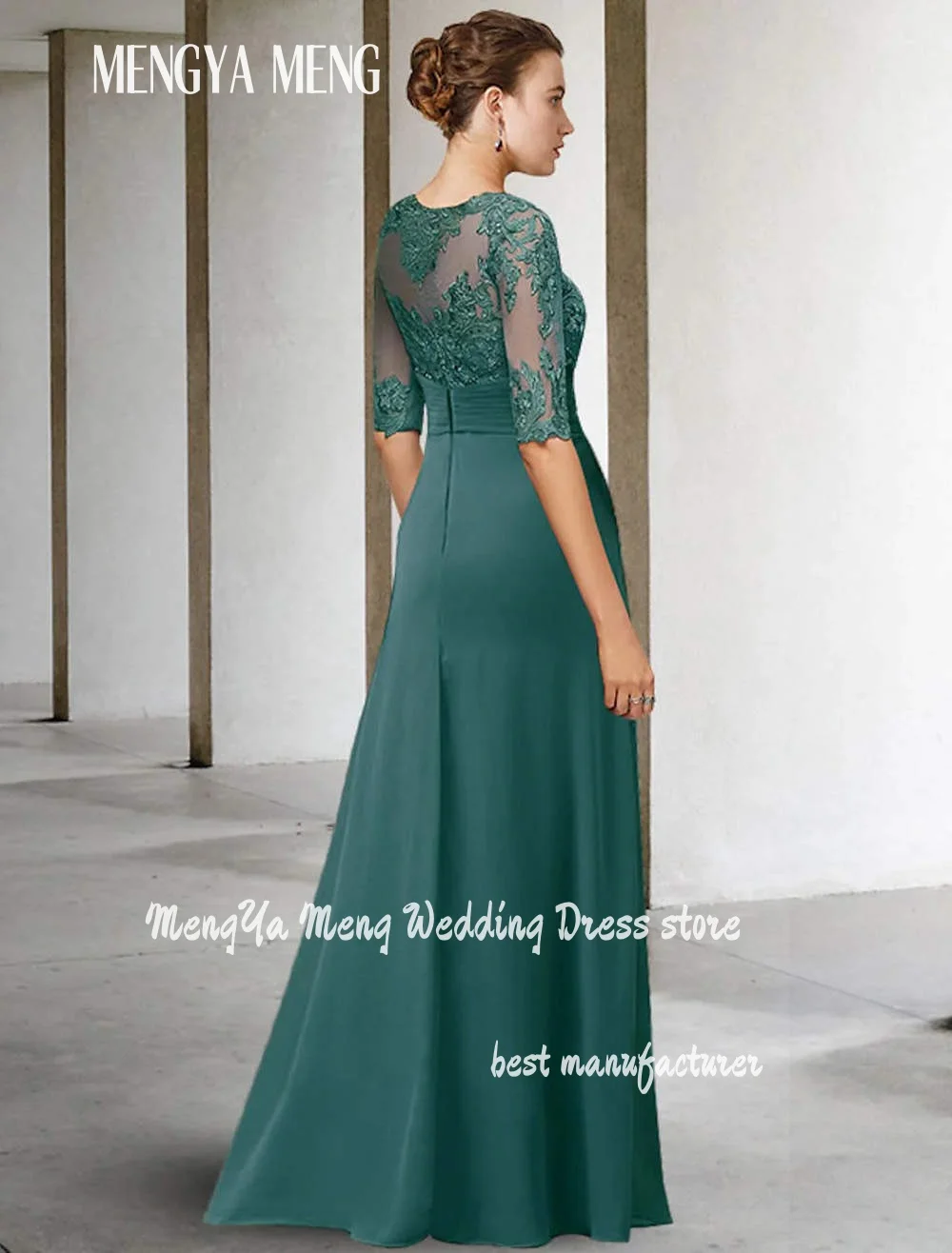 Abiti verdi personalizzati per la madre della sposa con maniche per abiti da festa di nozze Abito da sera in chiffon a trapezio con applicazioni di perline