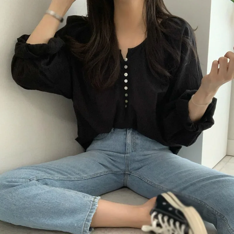 Chic Long Sleeve Thin Cotton Soft Shirt Lady Summer Sweet Puff Sleeve V-Neck Button Air Condition Commuting Simple Loose Shirt