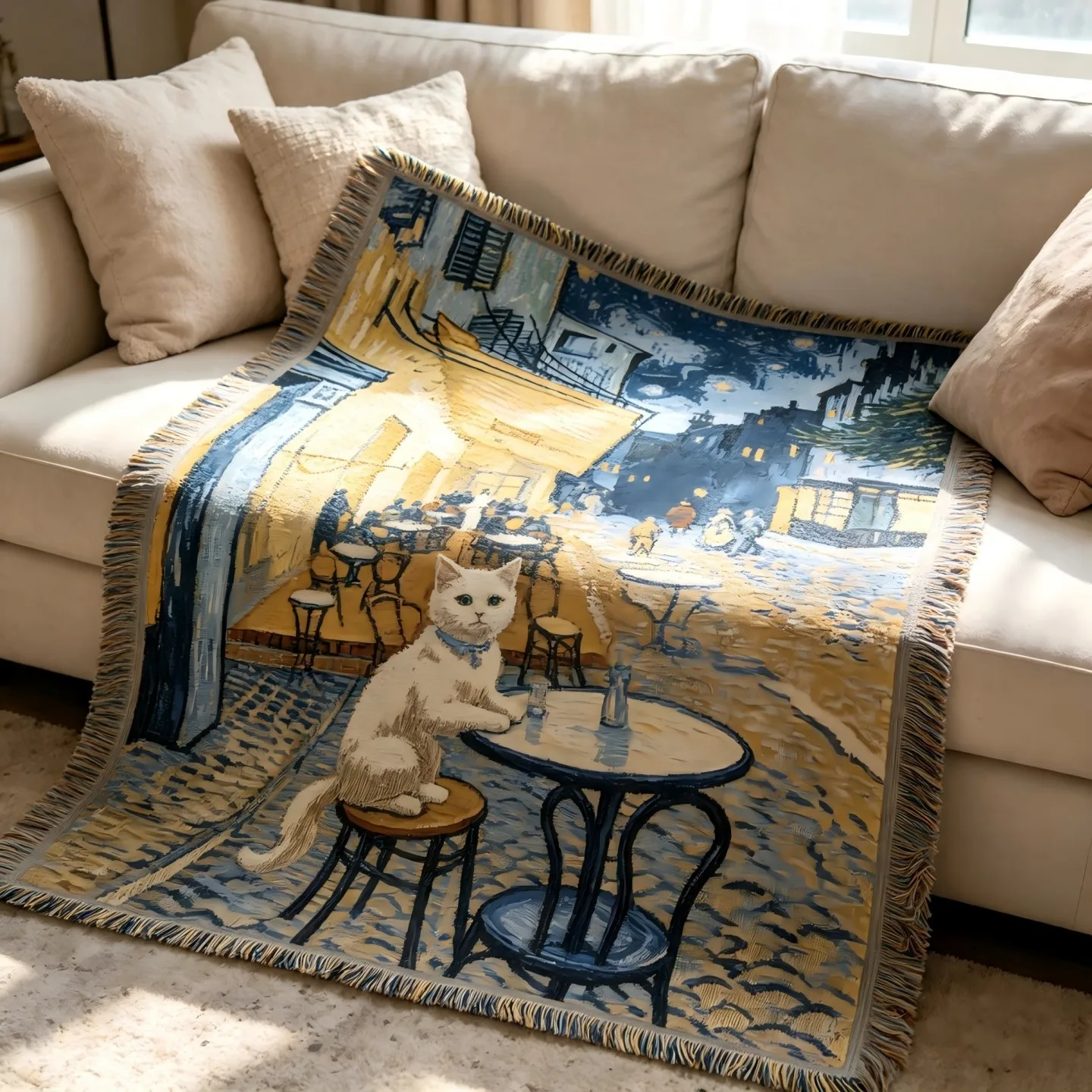 Cartoon Cute Cat  Woven Blanket Tassel Signle Sofa Towel Cover Wall Decor Hanging Tapestry Carpet Outdoor Camping Party Blanket