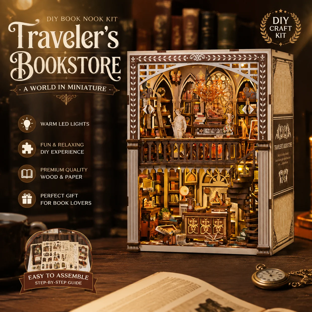 Diy Wooden Book Nook Travelers Bookstore Hand Assembled Miniature Building Model 411 Pieces Led Light Home Decor For Adult Hobby