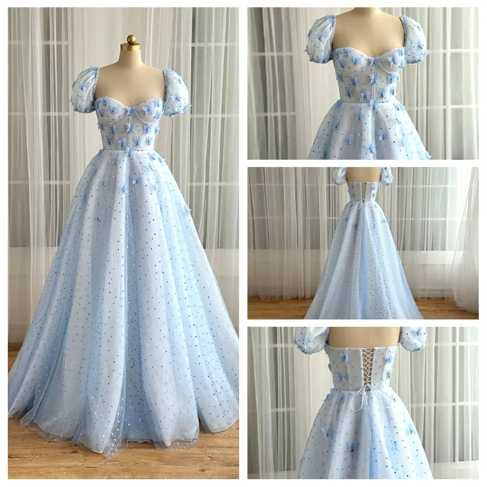 

customized Sweetheart Princess Evening Dresses Short Sleeve Butterfly decoration A-Line Tulle Long birthday Party spotted dress