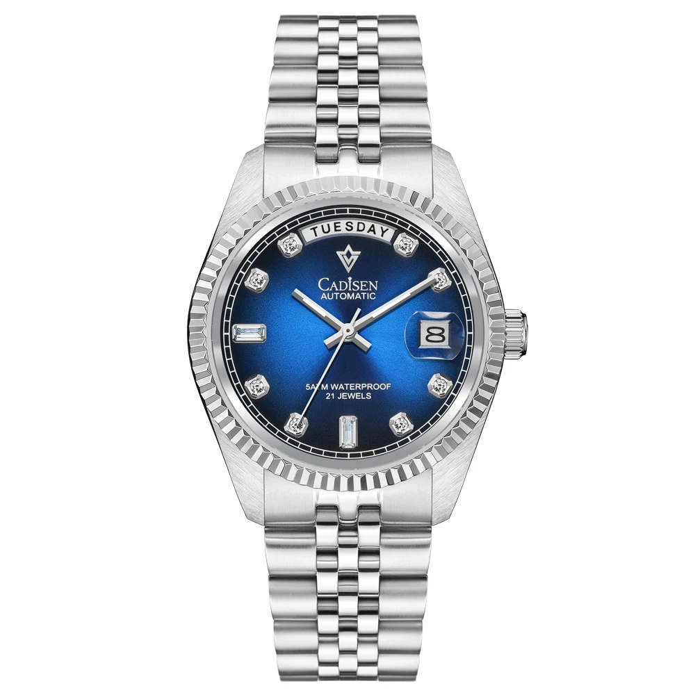 CADISEN-Relógio Mecânico Sapphire Masculino, Aço Inoxidável, Luxo, Top Brand, 38mm, 5 Bar, Novo, 2022