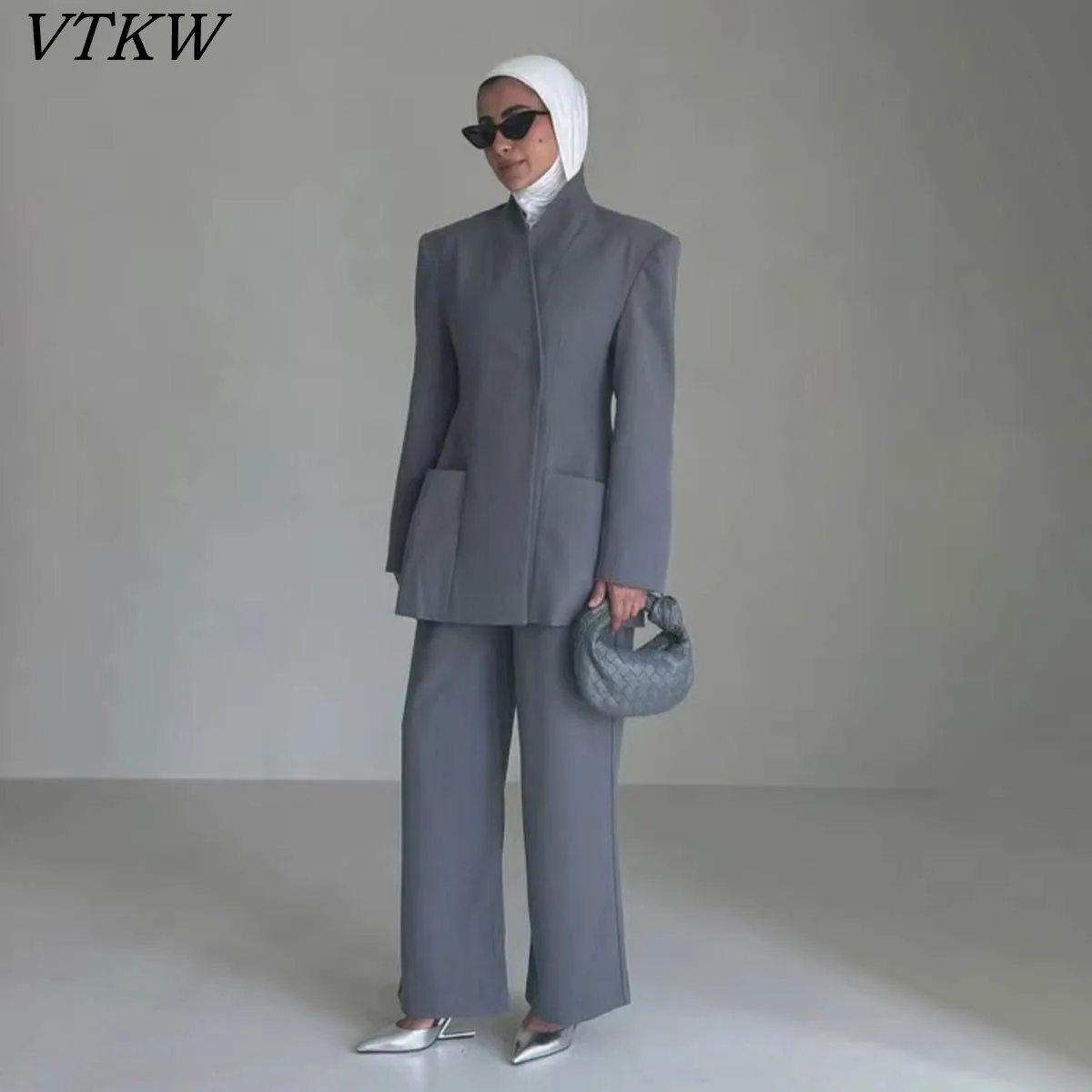 

VTKW Darkly Patterned With Pure Color, Simple And Irregular Design Sense 2025 Spring Women's Blazer High-quality Loose Pants Set