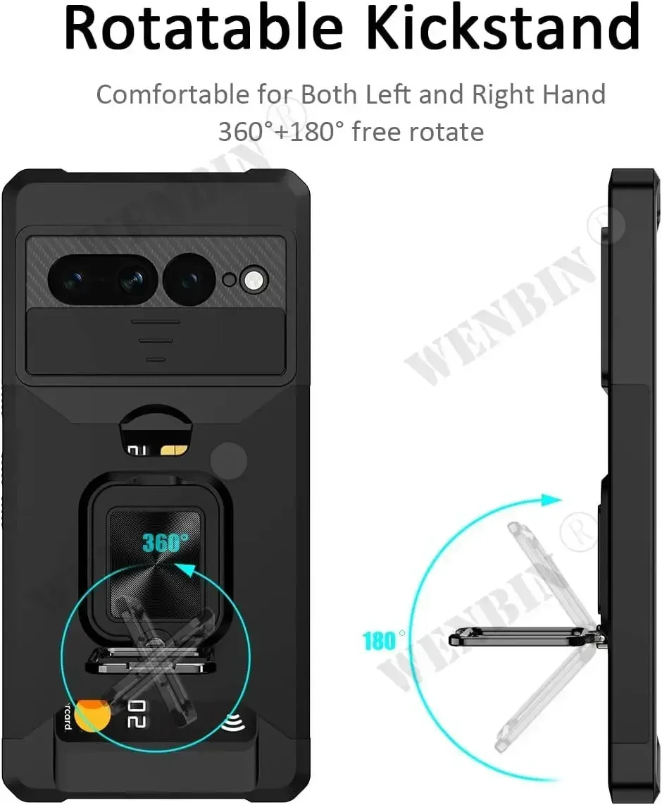 Case For Google Pixel 9 ProXL 8A 8 Pro 67A 5A Sliding Camera Cover and Card Holder Heavy Duty Protective Magnetic Kickstand Ring