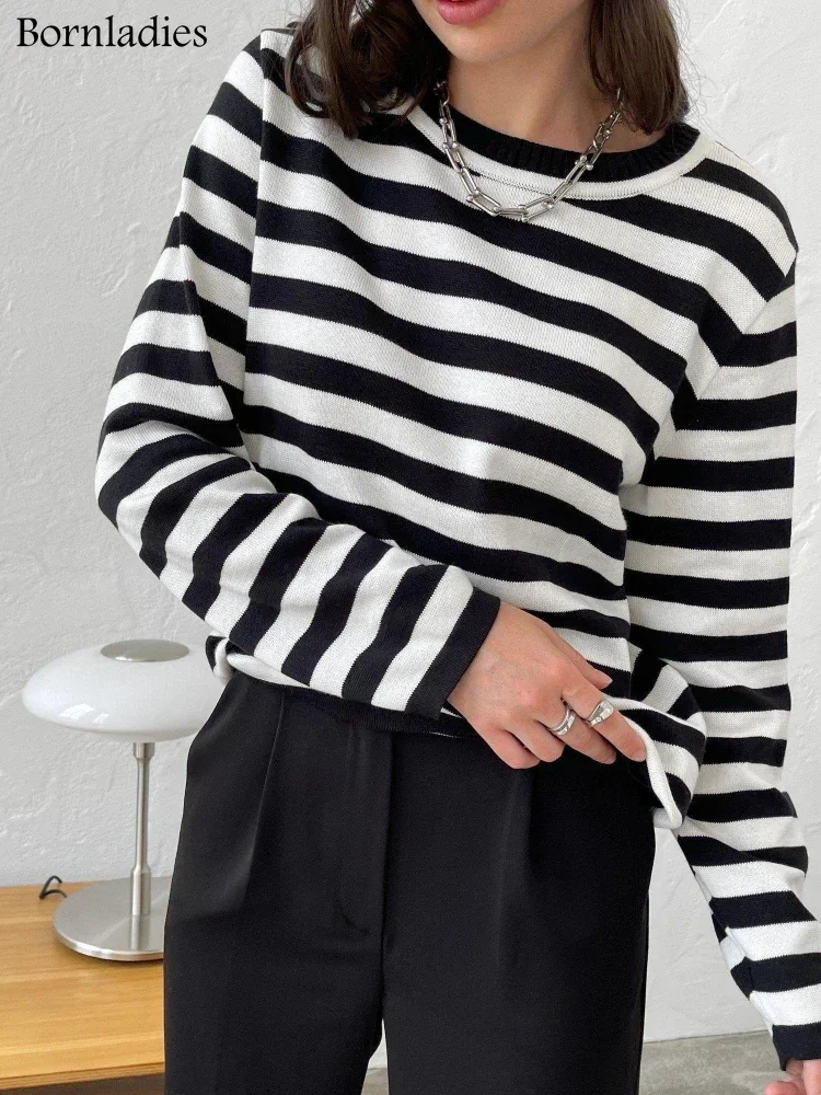 Bornladies Knitted Stripe Sweater Women 2024 Autumn Winter Loose Casual Thick Pullovers Female Warm Long-sleeved Round Neck Tops