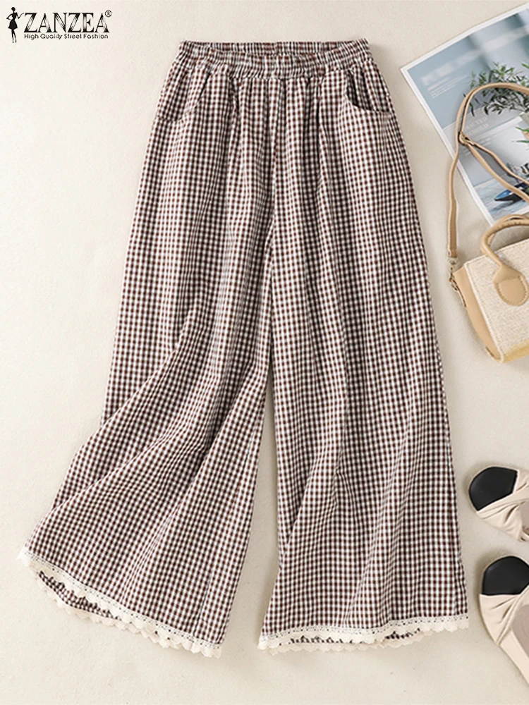 ZANZEA Women Long Pants Plaid Lace Patchwork Trousers 2025 Casual Loose Elastic Waist Pleated Wide Leg Pants Summer Bottoms