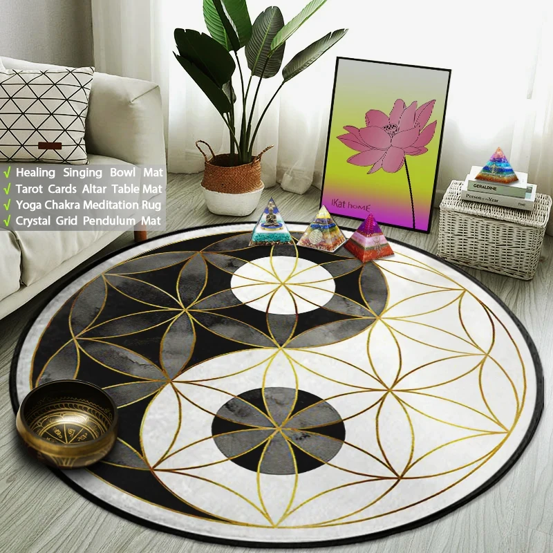 Yin Yang Tai Chi Round Carpet Flower of Life Gym Carpets Circle Rug Indian Buddha Yoga Meditation Mats Non-slip Chair Mat Decor