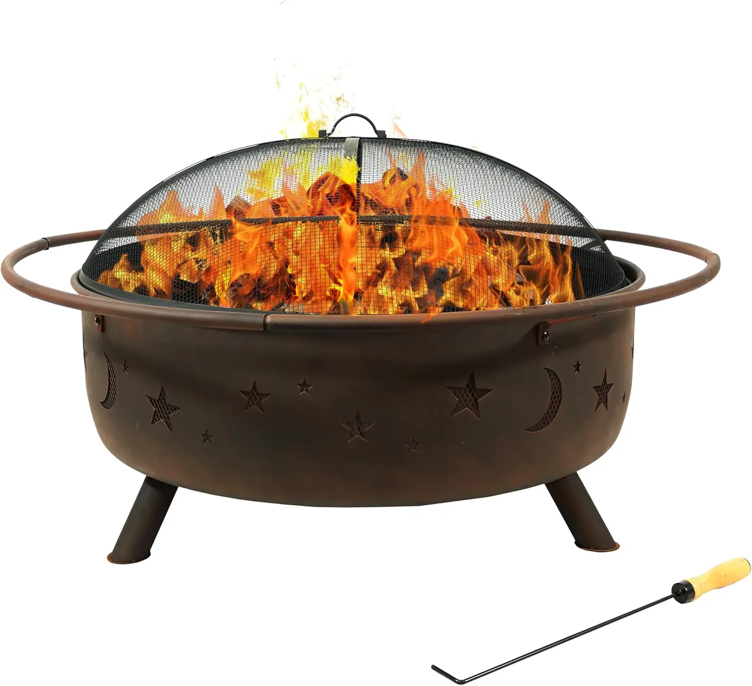 Outdoor Patio and Backyard Use, Metal, No Color Specified, Comes with Round Spark Screen, Poker, and Built-in Grate