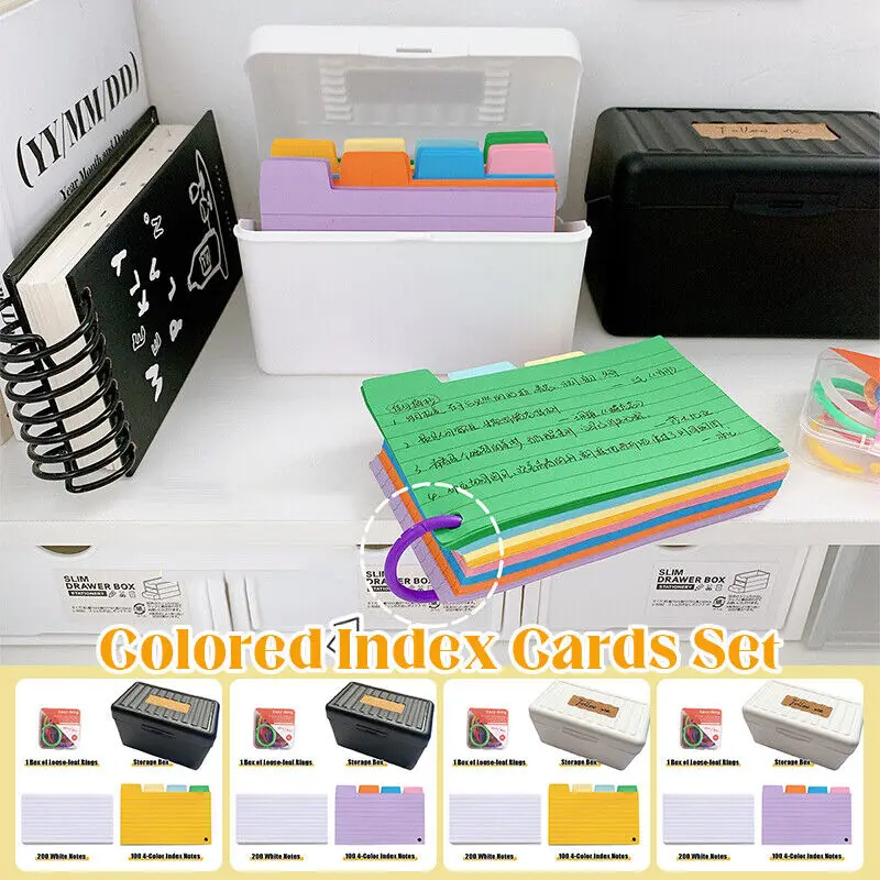 300PCS Colored Index Cards Set Binder Ruled Note Card Tabbed Studying Cards Study Office NotePads School Supplies