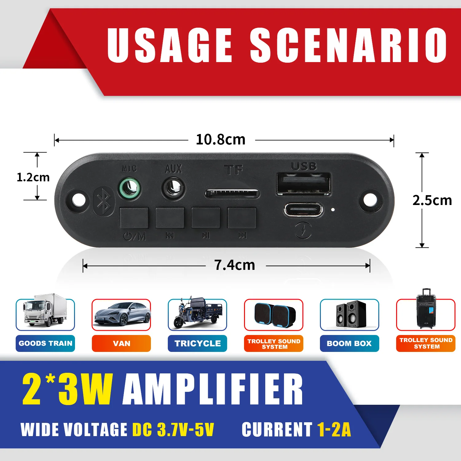 Wzmacniacz DC 5V 6W Dekoder MP3 Płytka 3,5 mm Mikrofon Bluetooth Zestaw głośnomówiący Samochodowy odtwarzacz MP3 TF AUX USB Nagrywanie Radio FM do telefonu