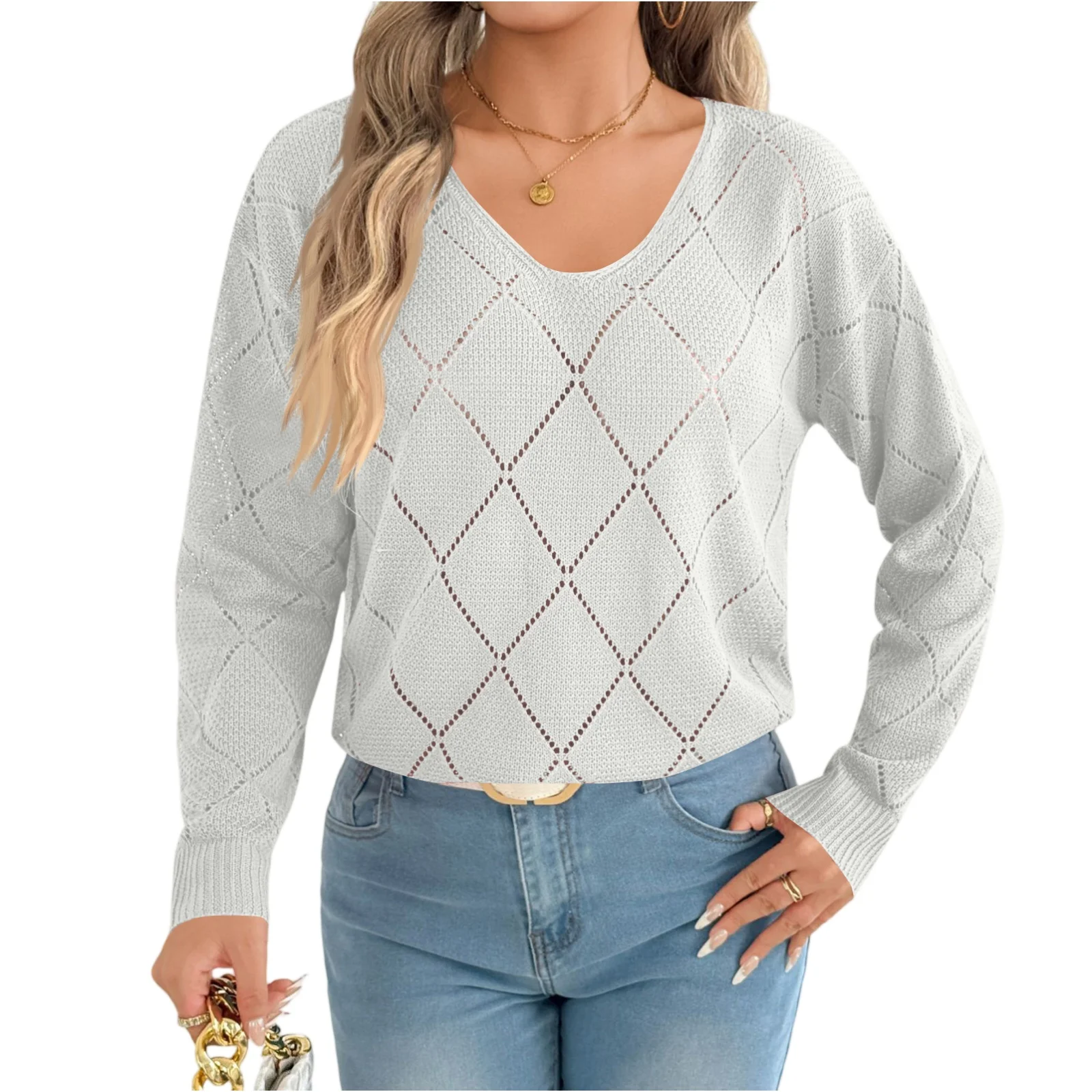 

2025 New Women'S Fashion Solid Color V-Neck Plaid Knitted Sweater Ropa De Mujer Sweater De Mujer Pull Femme свитера женские