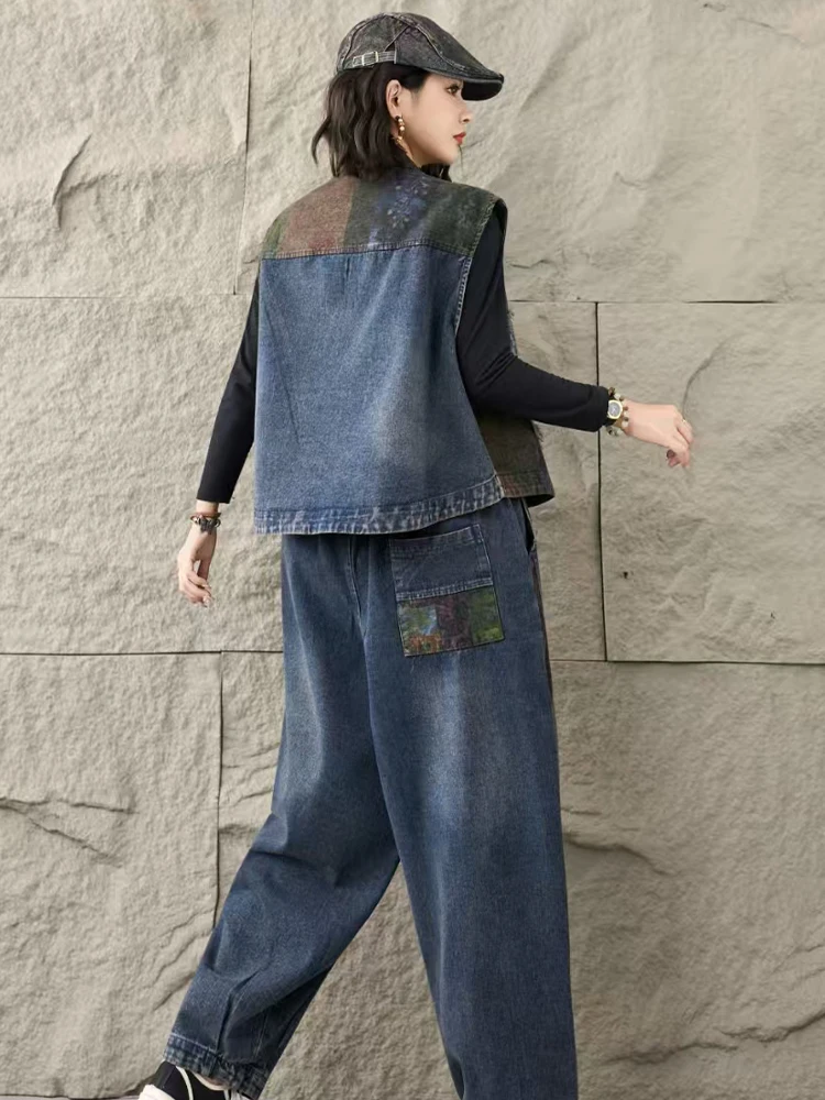 Amax LuluE Ladies Classic Denim 2 Pieces Sets Fashion Vest Suits Vintage Sleeveless Coat Casual Pants Punk Jeans Printed Outfits
