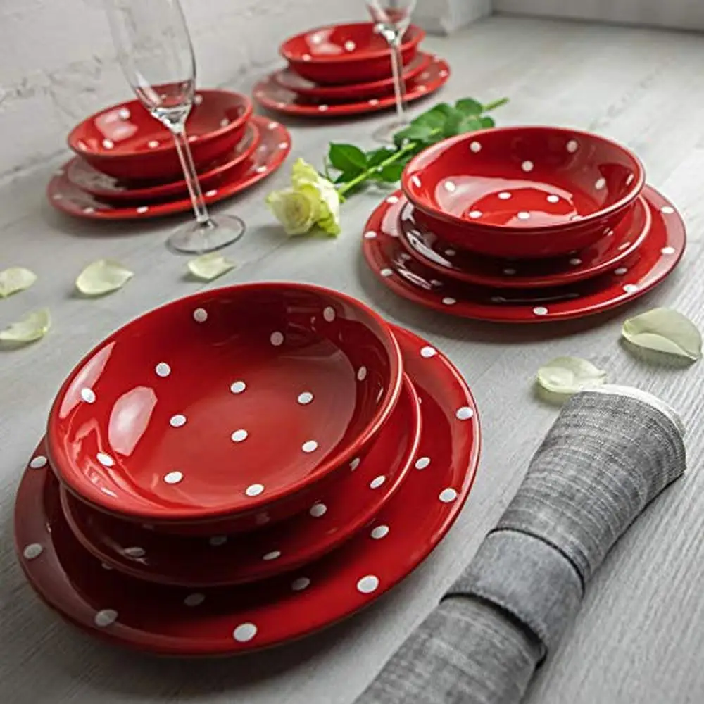 Handmade Ceramic Dinnerware Set Red White Polka Dot Tableware Service 4 Wedding Gift Kitchen Decor