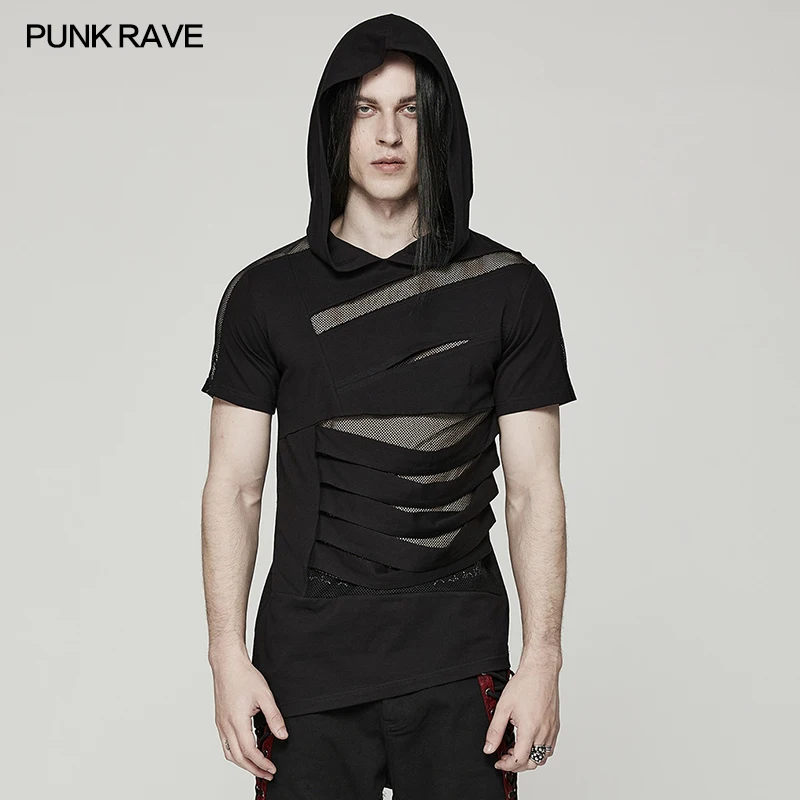PUNK RAVE Men's Punk Hooded T-shirt, Black Cotton Elastane Mesh Cutout Irregular Short Sleeve Top WT774 BLACK