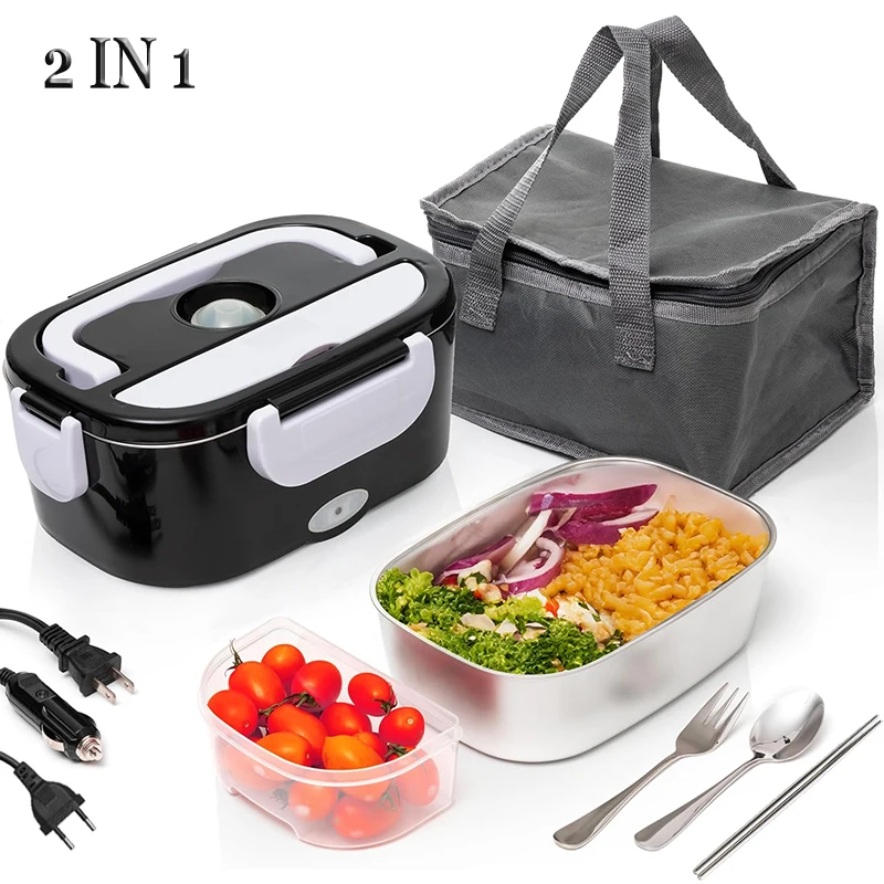 12V 24V 110V 220V Electric Lunch Box Car and Home Outdoor Work Camping Stainless Steel Food Warmer Heated Container Black Set