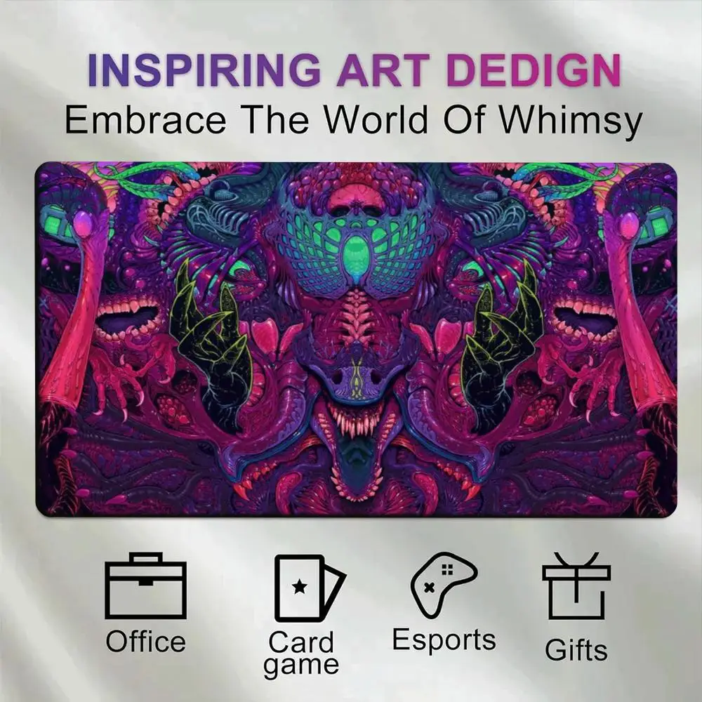 Symmetrical Eldritch Face Gaming Desk Mat Neon Purple Pink Green Surreal Horror Art Premium Rubber TCG Playmat Dark Decor Gift